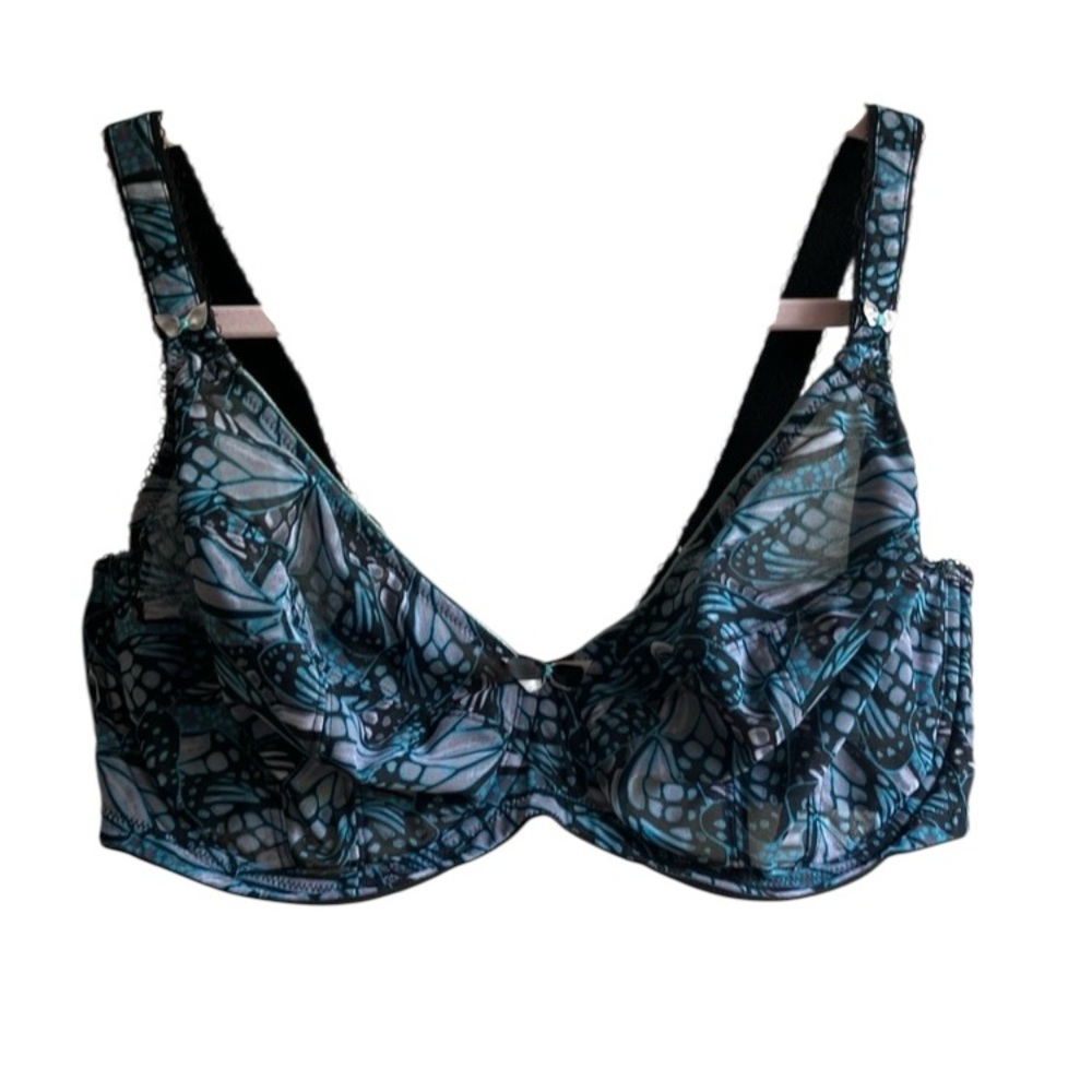Elomi Size 36I Mesh Full Coverage Underwire Bra Sheer Butterfly Blue Black Print